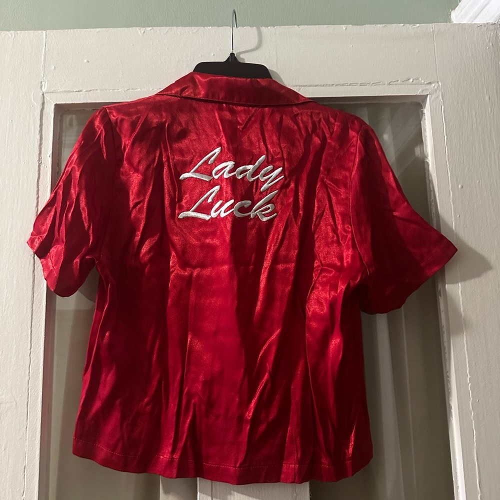 Vintage 1990s Johnny Suede Red Lady Luck Bowling Shirt with Silver Dice Buttons